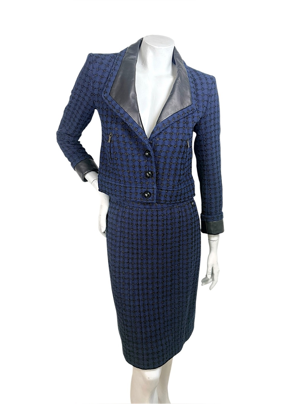 Chanel 2016 Tweed Skirt Suit Leather Trim Jacket 34 Skirt 38